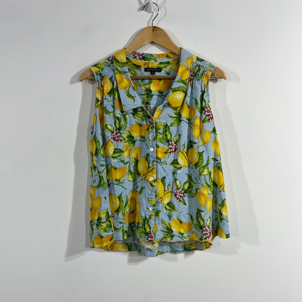 For Cynthia Euro Summer Fruit Lemon Print Linen Button Front Top Medium Coastal